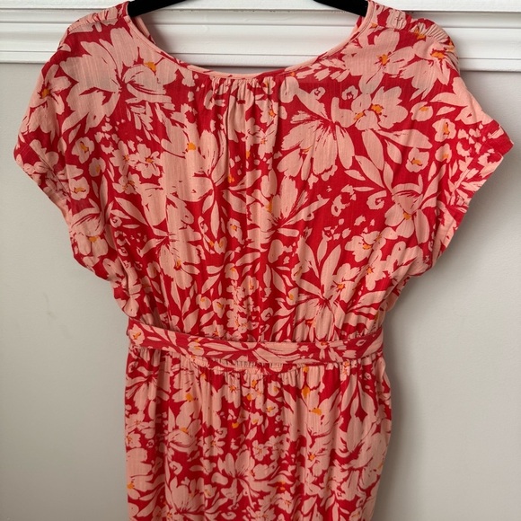 GAP Tiered V-Neck Floral Belted Dress Prairie Cottage Summer Orange Poppy Red M - Picture 8 of 11